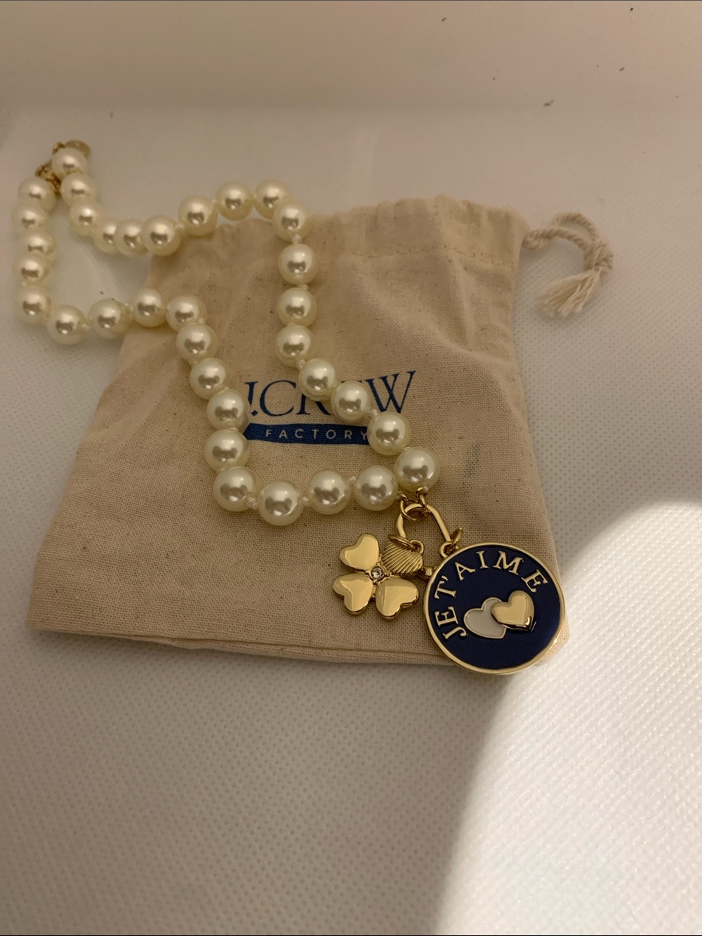 J. Crew Ivory Pearl Necklace with Navy Je T'aime Charm
